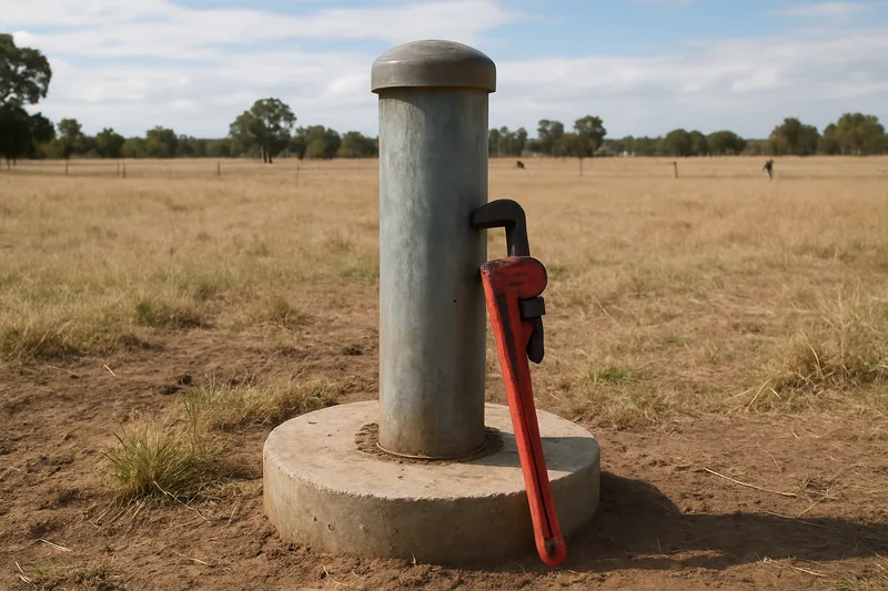 A capped steel bore casing on a concrete collar with a pipe wrench leaning against it — before you drill, Mildura. Illustrative example.