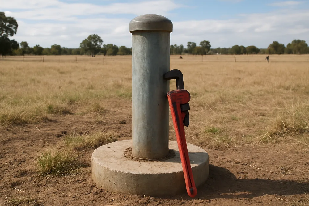 A capped steel bore casing on a concrete collar with a pipe wrench leaning against it — before you drill, Mildura. Illustrative example.