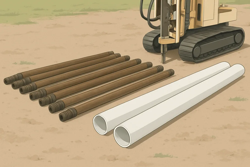 Lengths of drill rod and casing laid on the ground beside a rig — before you drill, Mildura. Illustrative example.