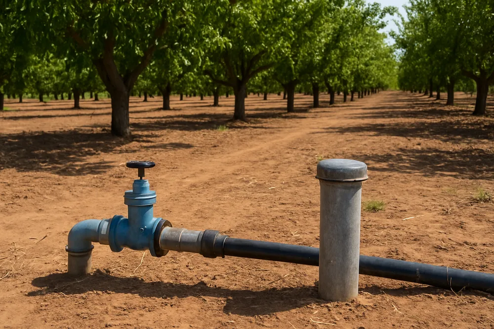 An irrigation valve and pipe beside a capped bore casing at the end of a row of trees — before you drill, Mildura. Illustrative example.