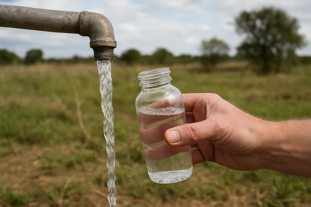 A hand holding a clear sample bottle under a bore outlet — bore water quality and testing, Mildura. Illustrative example.