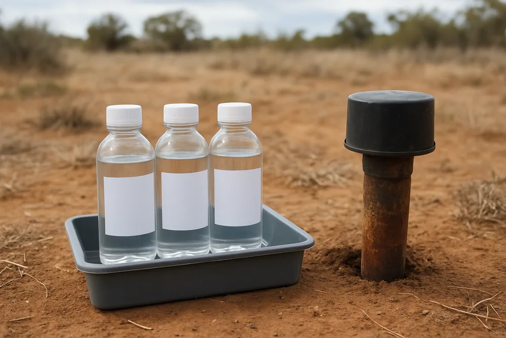 Three clear sample bottles in a tray on the ground beside a capped bore head — bore water quality and testing, Mildura. Illustrative example.