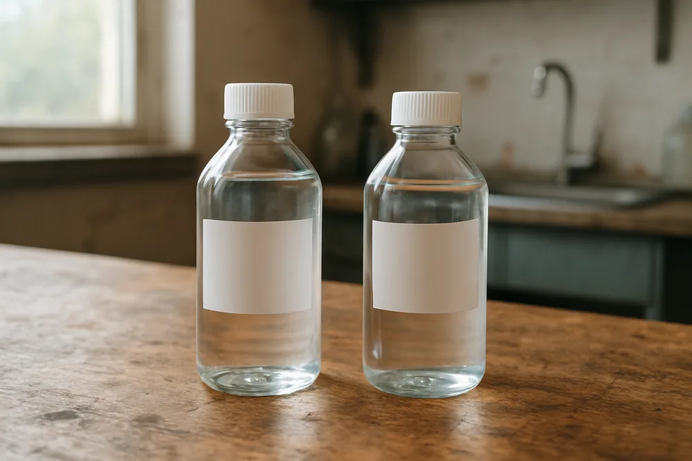 Two clear sample bottles with blank labels on a workbench — bore water quality and testing, Mildura. Illustrative example.