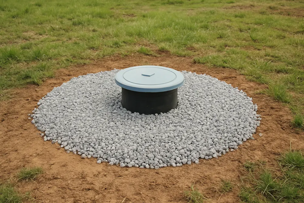 A small gravel pad around a new bore head with a cover lid — water bore drilling, Mildura. Illustrative example.