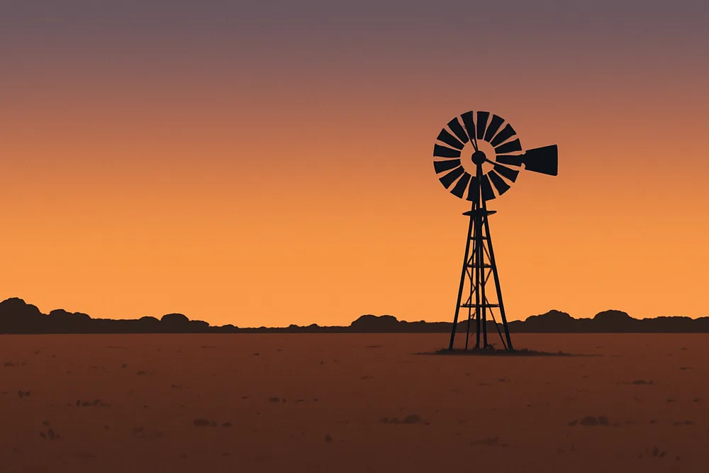 A paddock at dusk with a windmill silhouette on the skyline — water bore drilling, Mildura. Illustrative example.