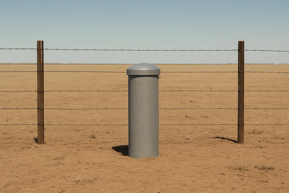 A capped steel bore casing inside a post-and-wire fence on dry ground — where to put a bore, Mildura. Illustrative example.