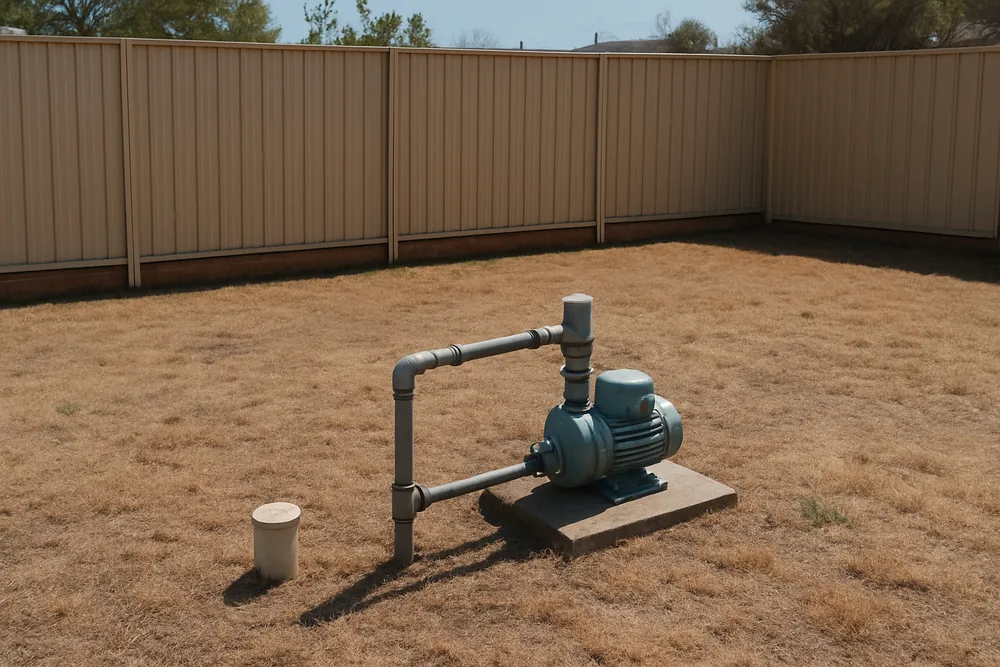 A small bore pump and pipework beside a capped casing at the edge of a dry lawn — where to put a bore, Mildura. Illustrative example.