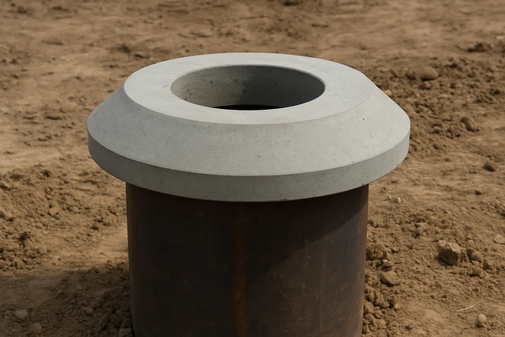 A concrete collar sloping away from the top of a steel bore casing — where to put a bore, Mildura. Illustrative example.